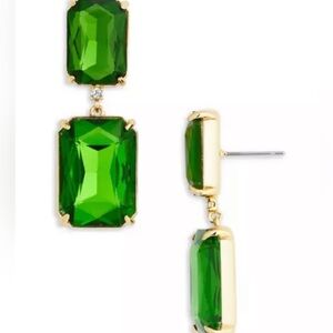 Emerald Cut Green Dangle Drop Earrings Bling Shiny Gold Tone Rhinestone Sparkle
